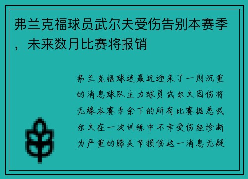 弗兰克福球员武尔夫受伤告别本赛季，未来数月比赛将报销