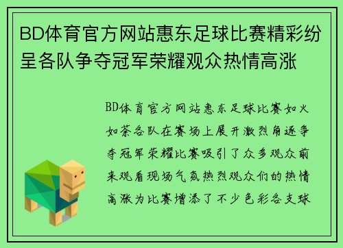 BD体育官方网站惠东足球比赛精彩纷呈各队争夺冠军荣耀观众热情高涨